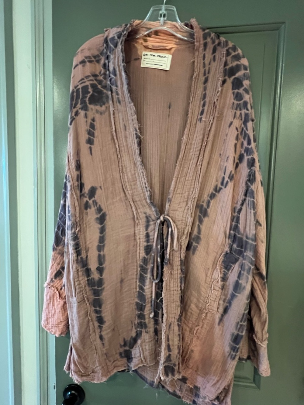Free People Tie-Dye Open Front Gauze Cardigan - Dusty Rose & Charcoal M